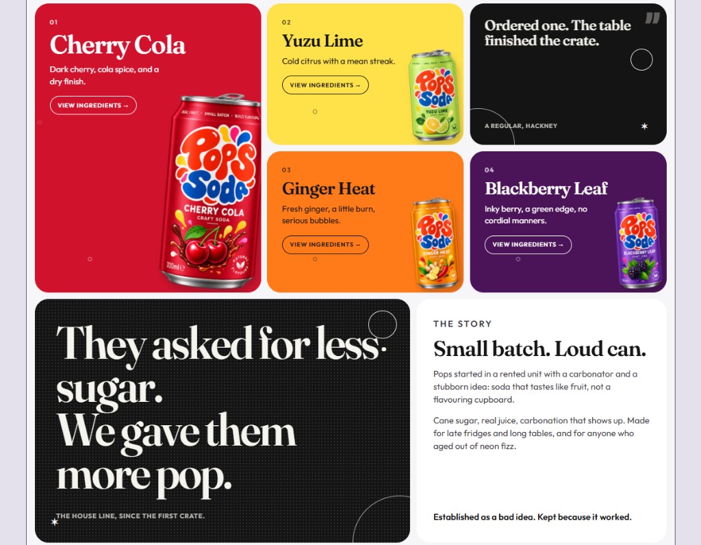 Pops Soda flavour cards for Cherry Cola, Yuzu Lime, Ginger Heat, and Blackberry Leaf